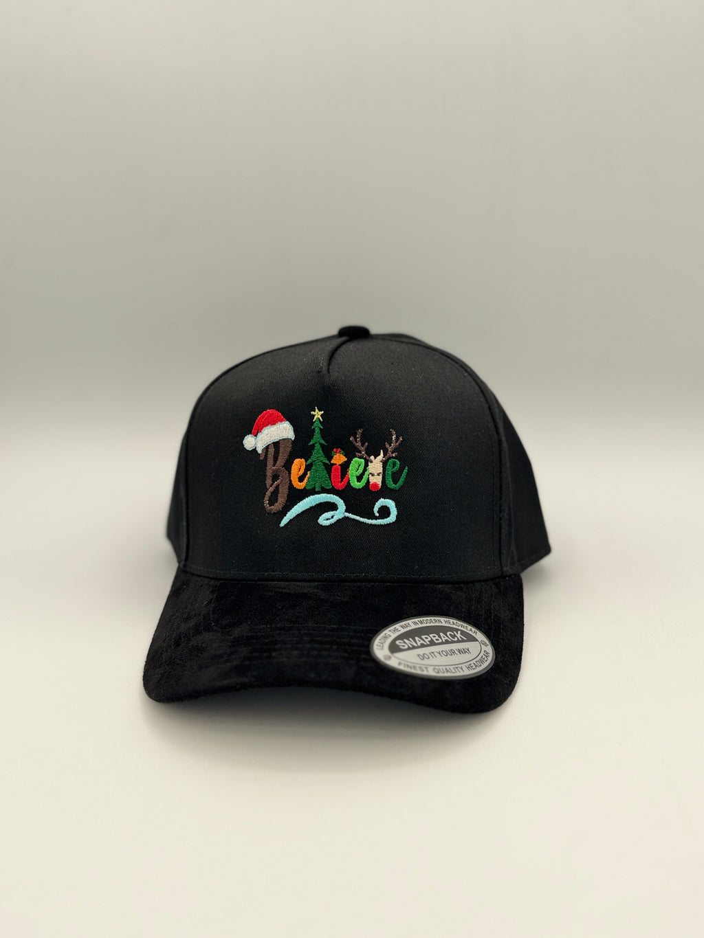 "Believe" Embroidered Holiday season 5 Panel Snapback with Suede Brim Unisex Black
