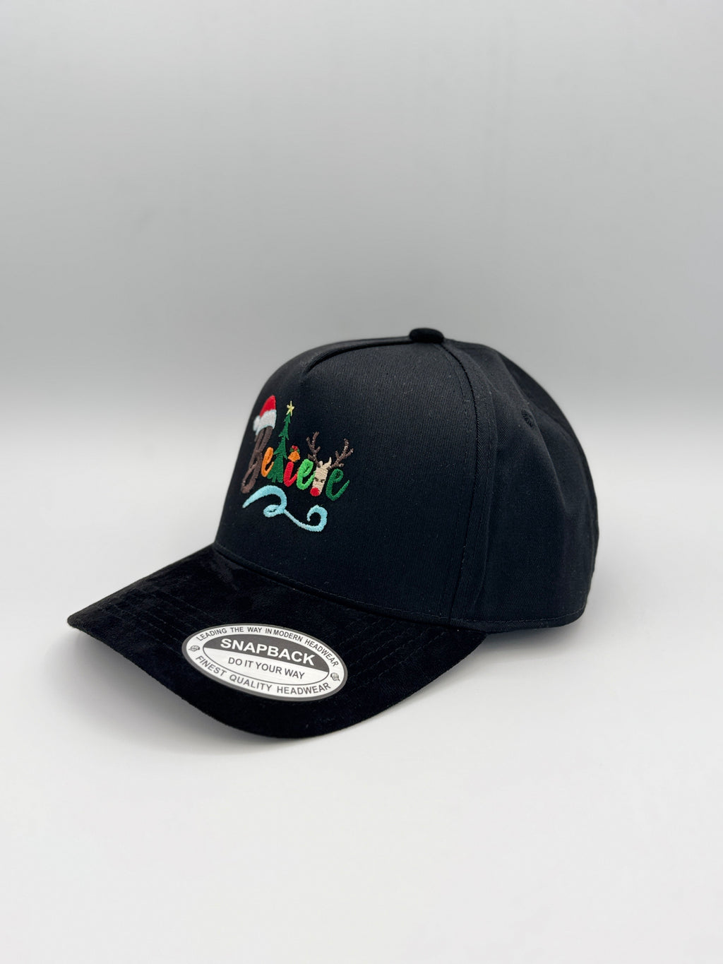 "Believe" Embroidered Holiday season 5 Panel Snapback with Suede Brim Unisex Black