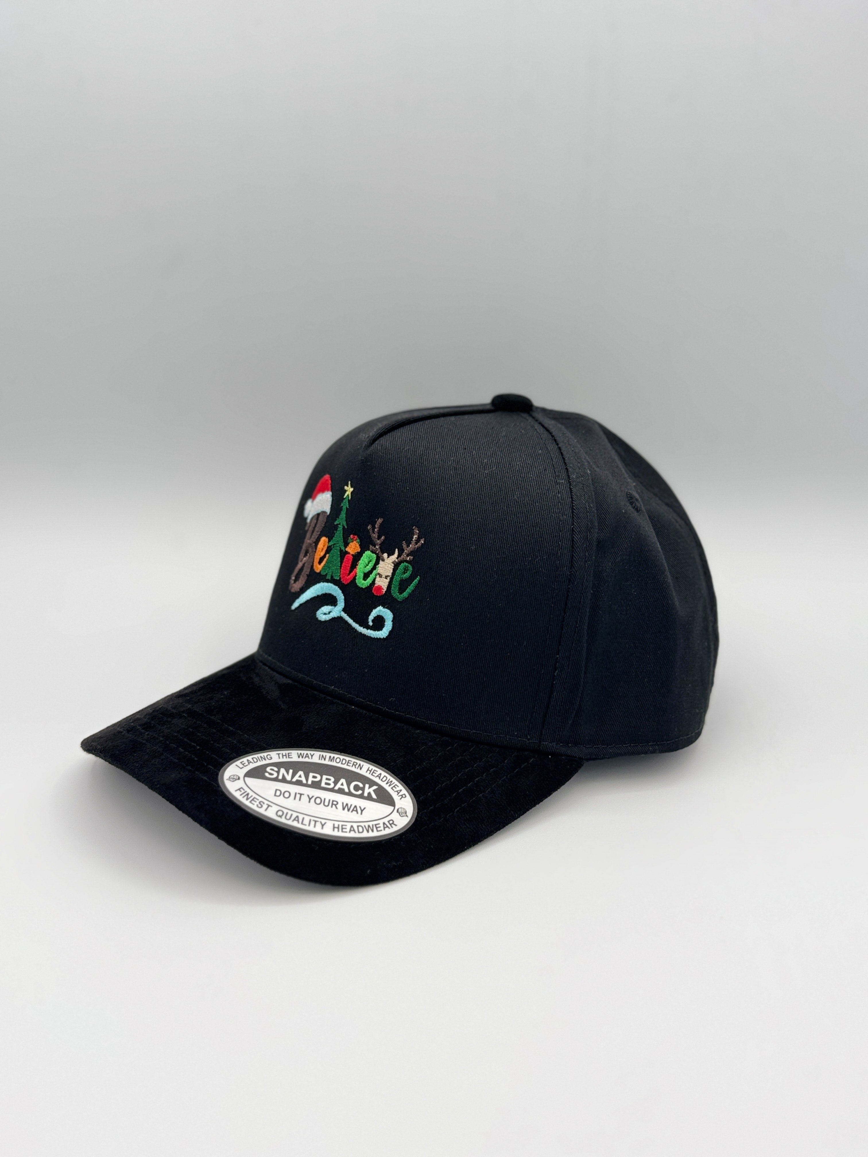 "Believe" Embroidered Holiday season 5 Panel Snapback with Suede Brim Unisex Black
