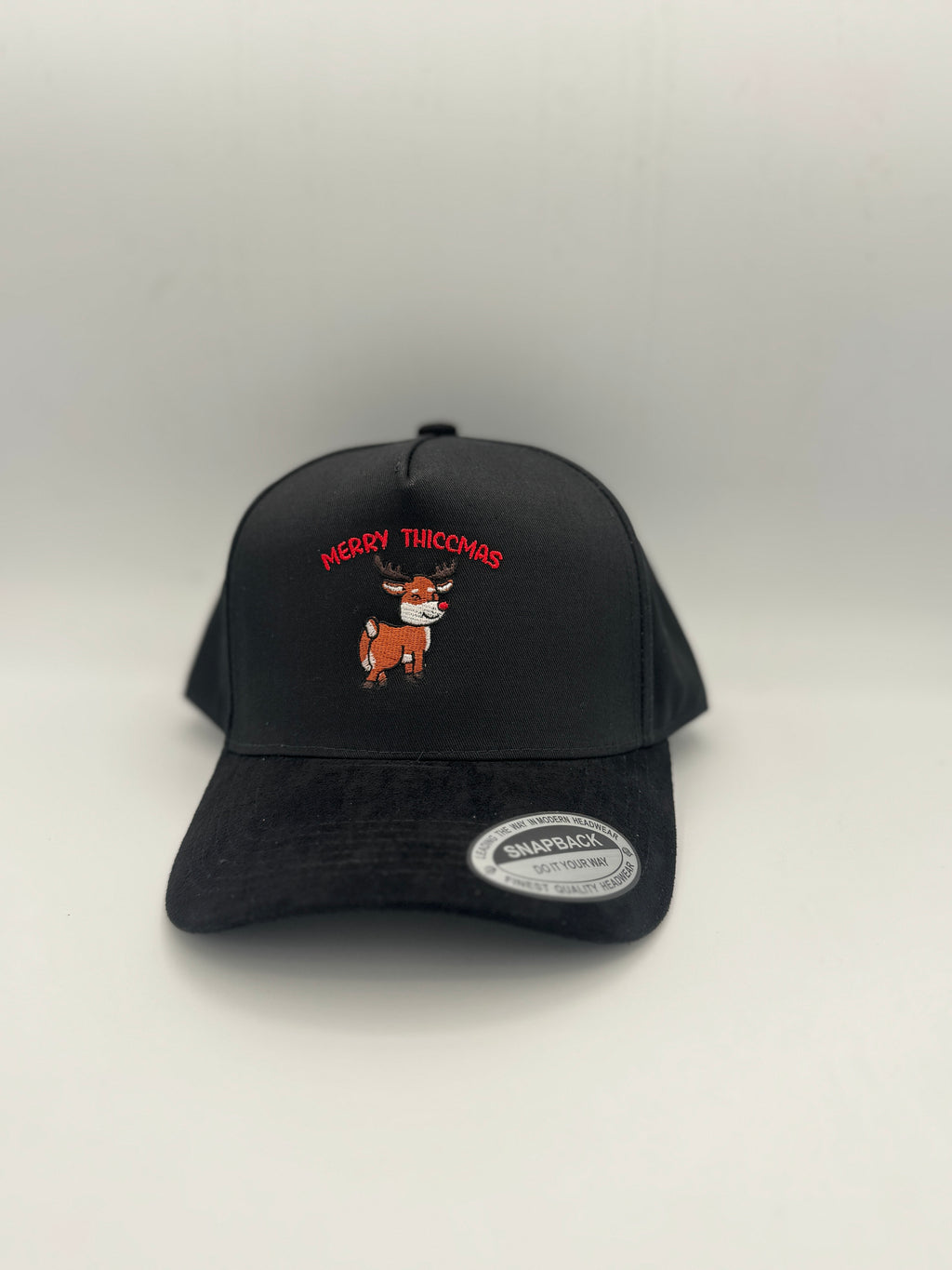 "Merry Thiccmas" with Deer Embroidered Holiday season 5 Panel Snapback with Suede Brim Unisex Black