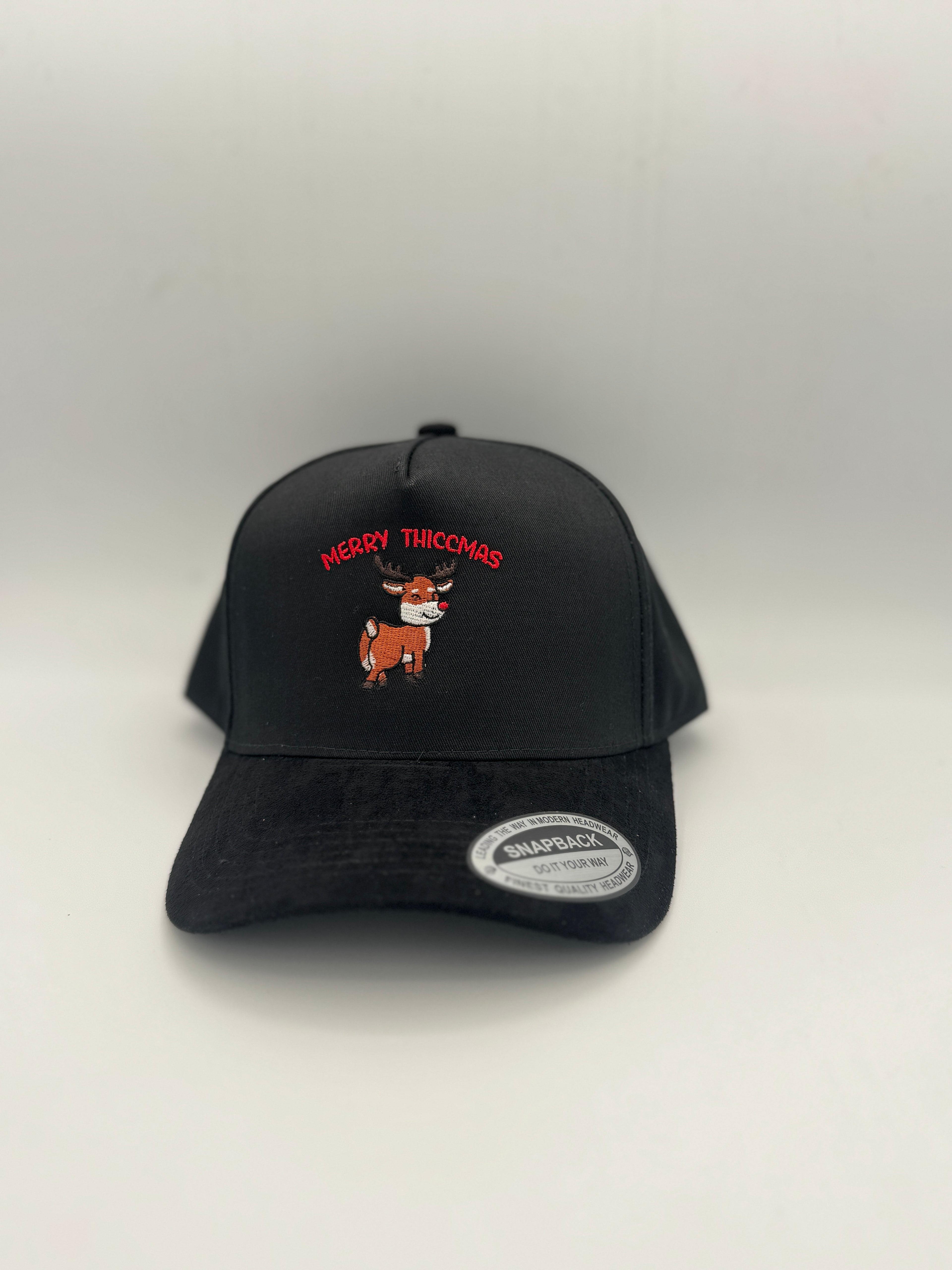 "Merry Thiccmas" with Deer Embroidered Holiday season 5 Panel Snapback with Suede Brim Unisex Black