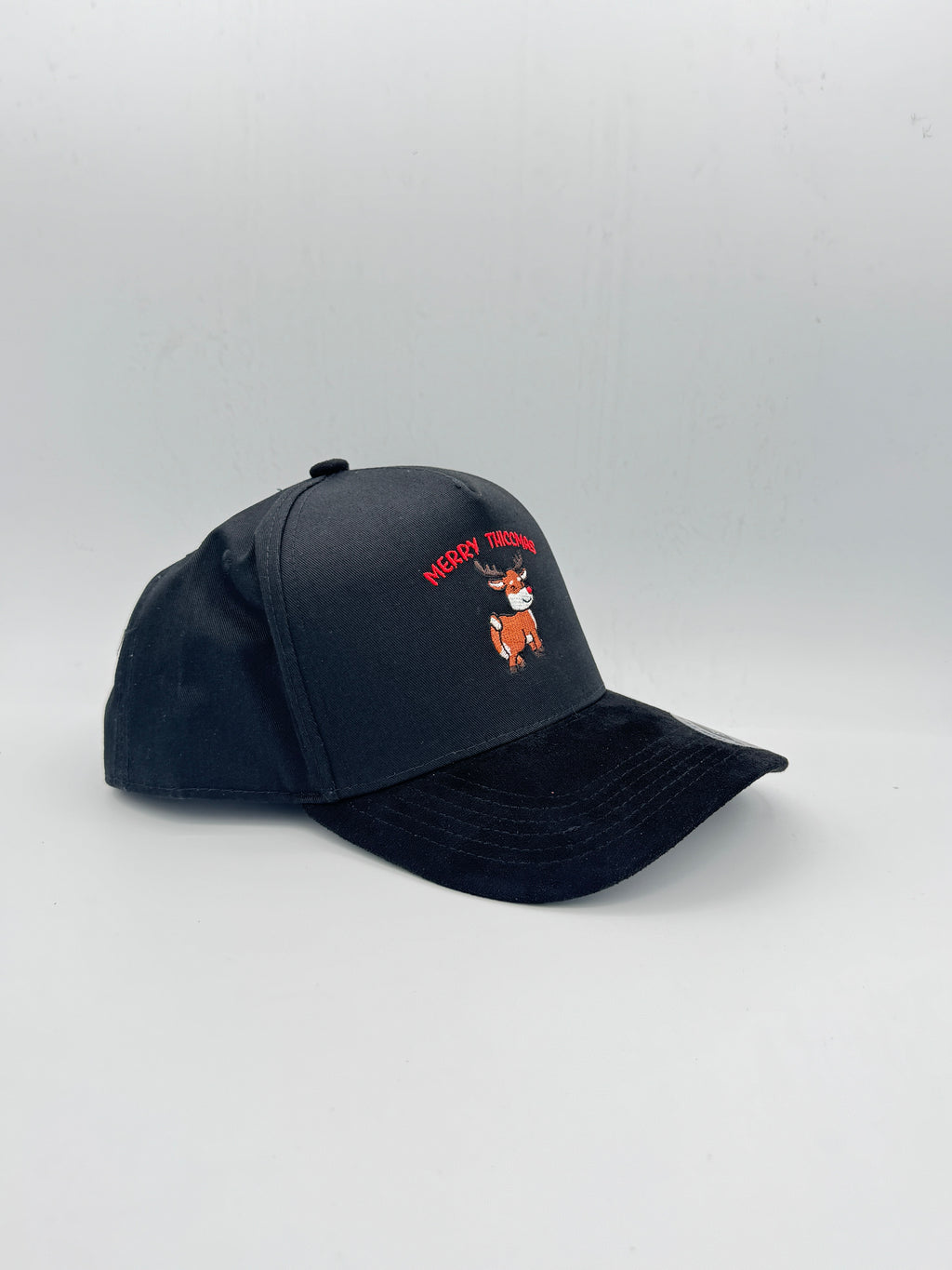 "Merry Thiccmas" with Deer Embroidered Holiday season 5 Panel Snapback with Suede Brim Unisex Black