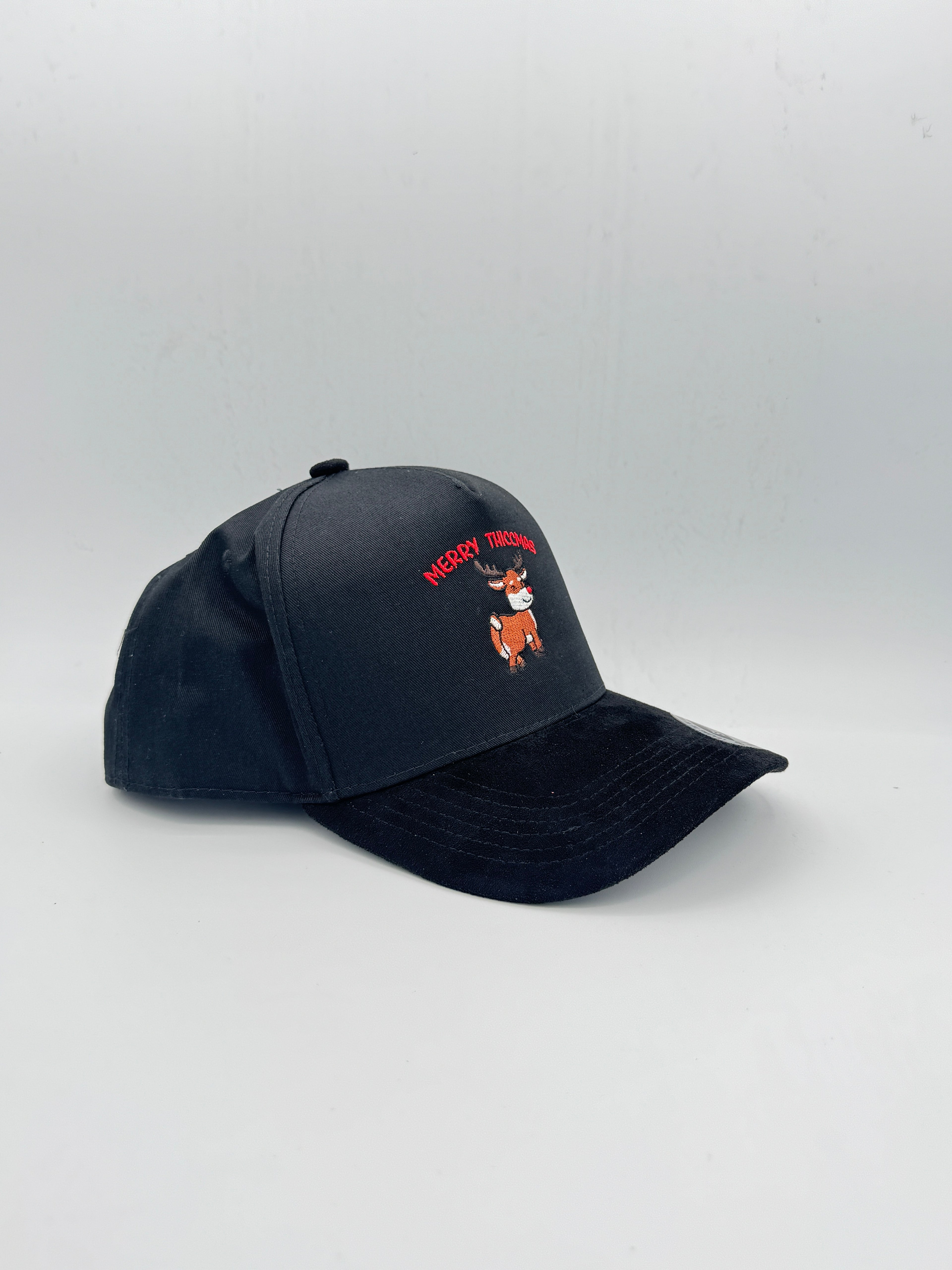 "Merry Thiccmas" with Deer Embroidered Holiday season 5 Panel Snapback with Suede Brim Unisex Black