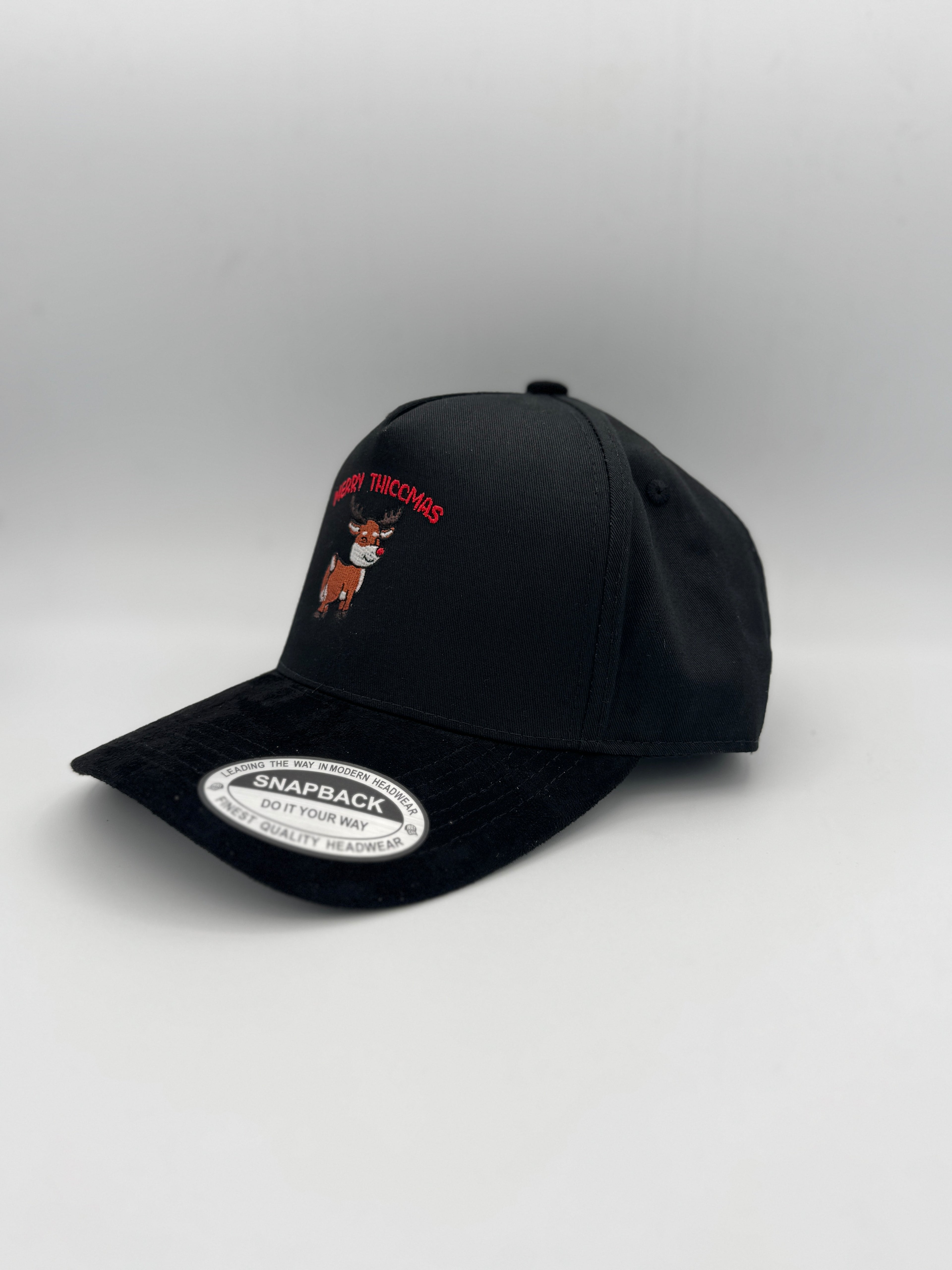 "Merry Thiccmas" with Deer Embroidered Holiday season 5 Panel Snapback with Suede Brim Unisex Black